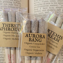 Load image into Gallery viewer, Organic Herbal Mix Pre Rolled Cones, Smolder Stick Sampler Set 3 Thirsty Aphrodite Aphrodisiac, 3 Aurora Bang Energy, 3 Artemis Dream
